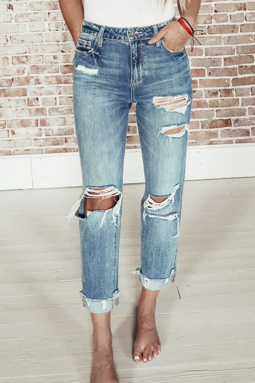 blue ripped straight leg jeans